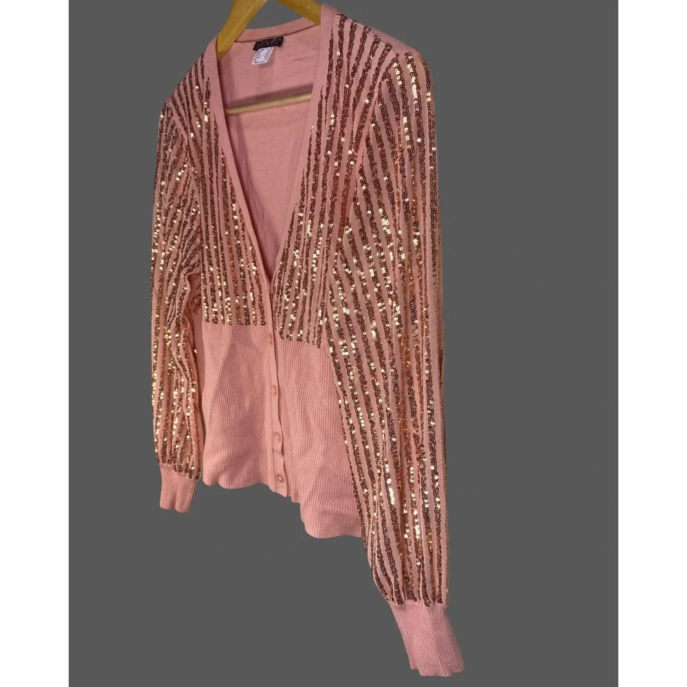 Venus Womens XL Pink Rose Gold Sequin Stripe Button‎ Front Cardigan Sweater NWOT